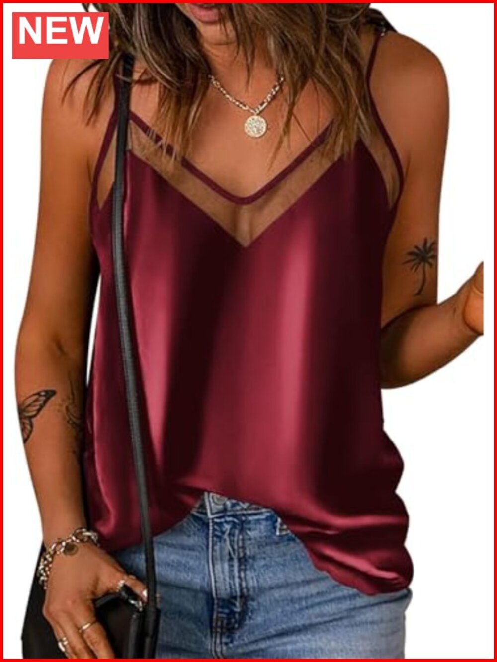 Satin Camisole Women Mesh V-Neck Sleeveless Silk Cami Tank Top